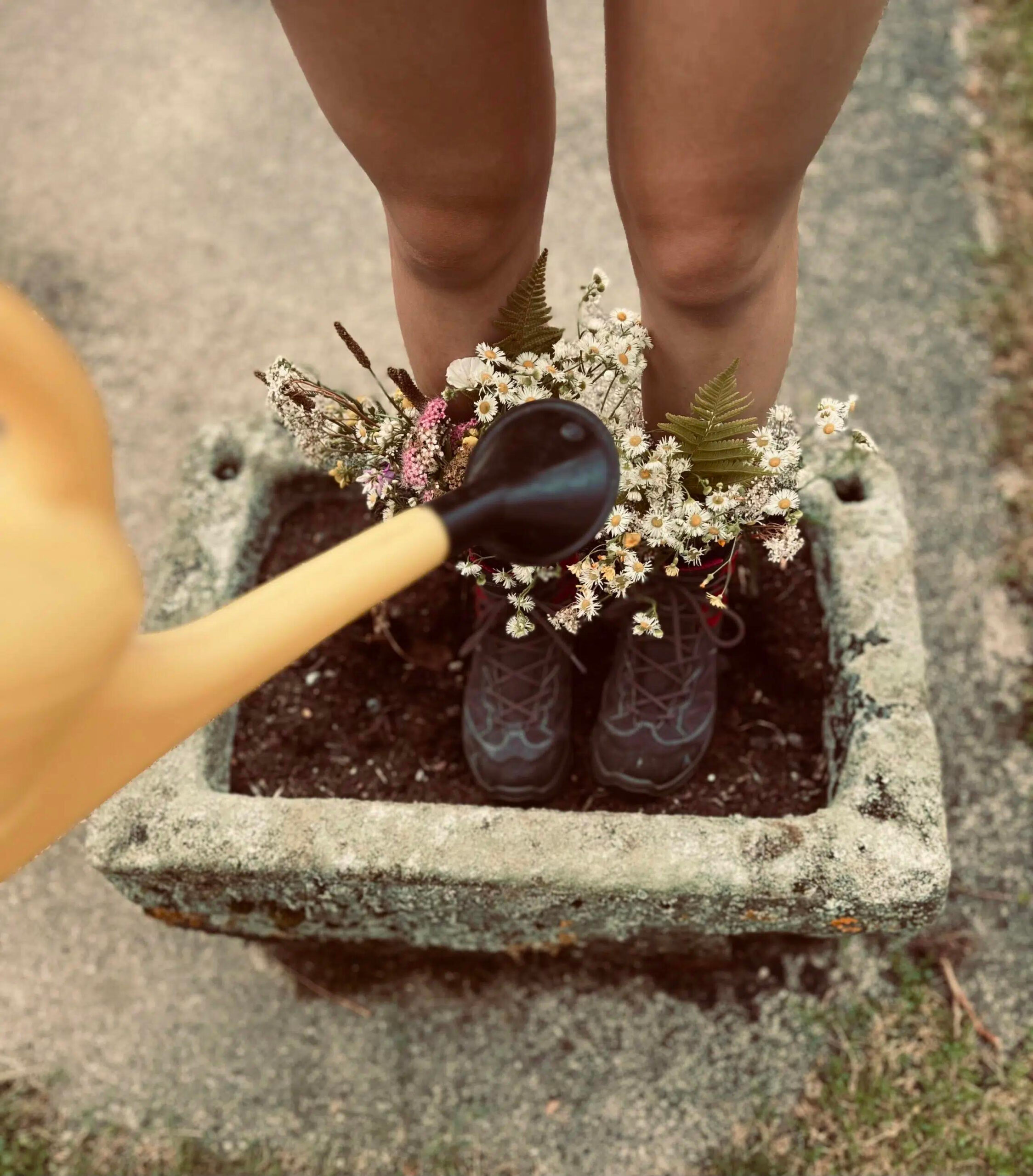 Brunnentrog mit nackten Beinen, Wanderschuhen und Blumen, die mit einer gelben Gießkanne gegossen werden